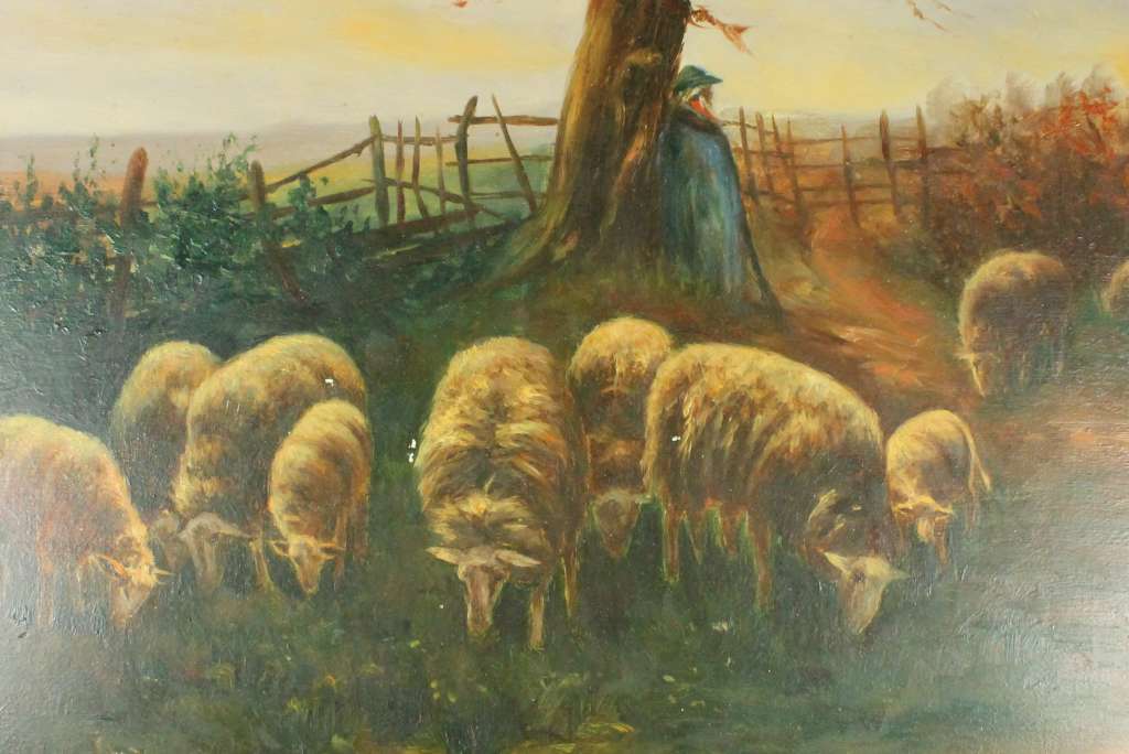 Ovečky na pastvě , malba na dřevě