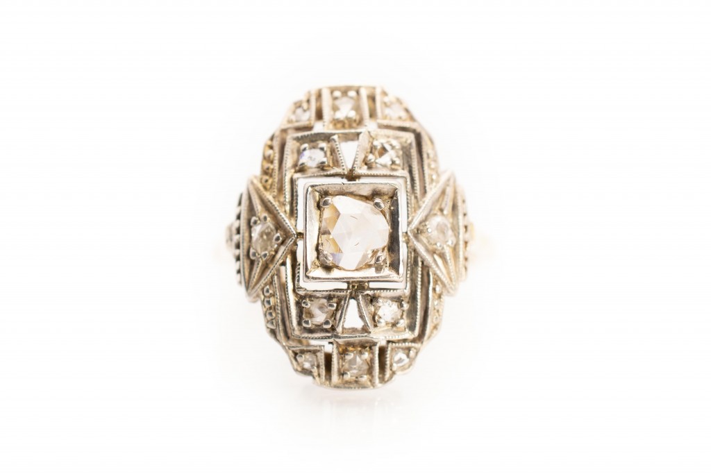 Art deco zlatý prsten s diamanty, vel. 52