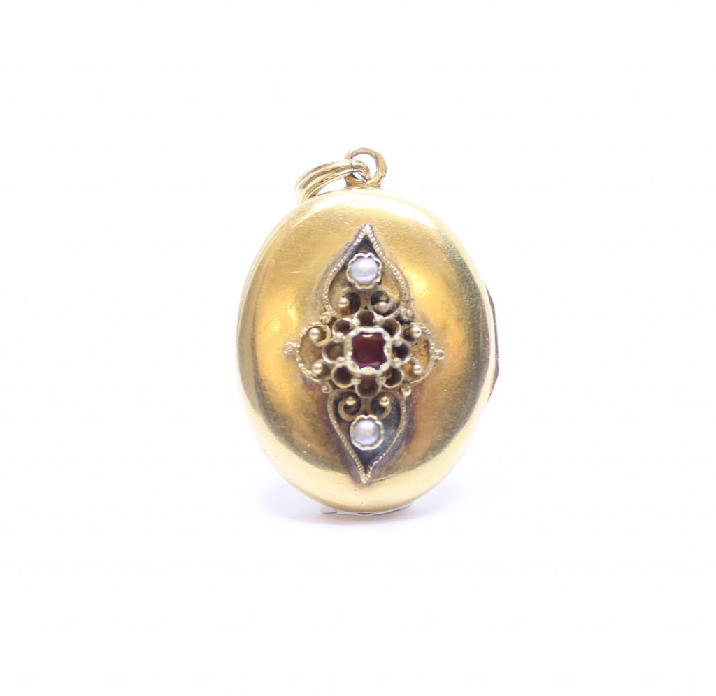 Starožitný zlatý medailon s rubínem a perlami
