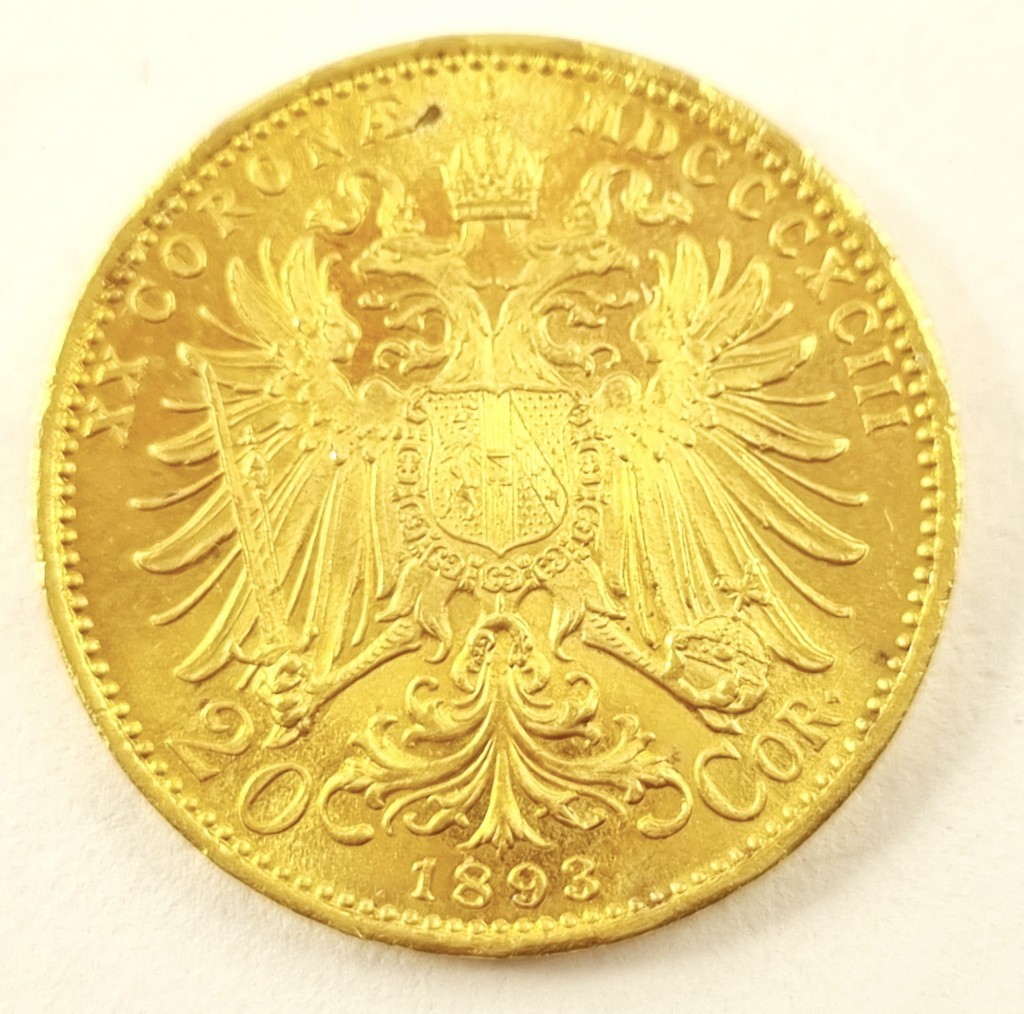 13. Zlatá mince Františka Josefa I. 20 koruna, 1893