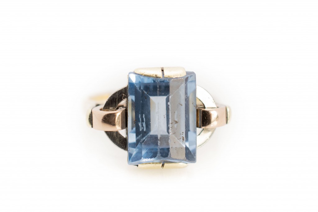 Starožitný zlatý prsten s modrým kamenem - akvamarín, 1. republika