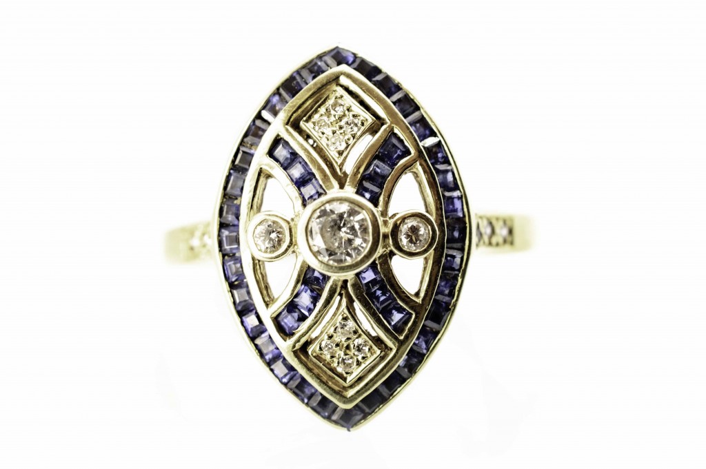 Zlatý prsten s brilianty a safíry, vel. 63