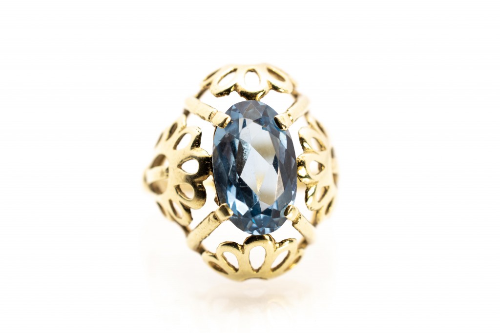 Zlatý prsten s modrým kamenem - akvamarín, vel. 61