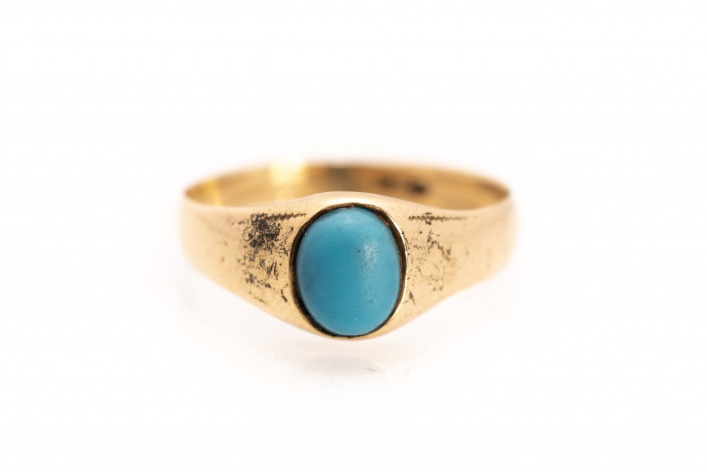 Starožitný zlatý prsten s modrým kamenem - tyrkys, vel. 59