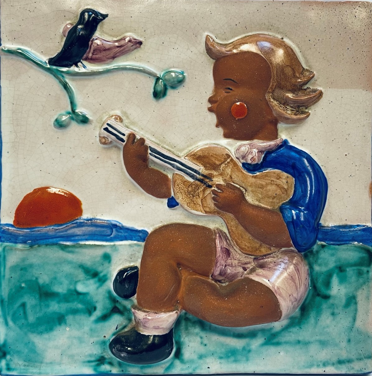 Kachle - děvčátko s kytarou
