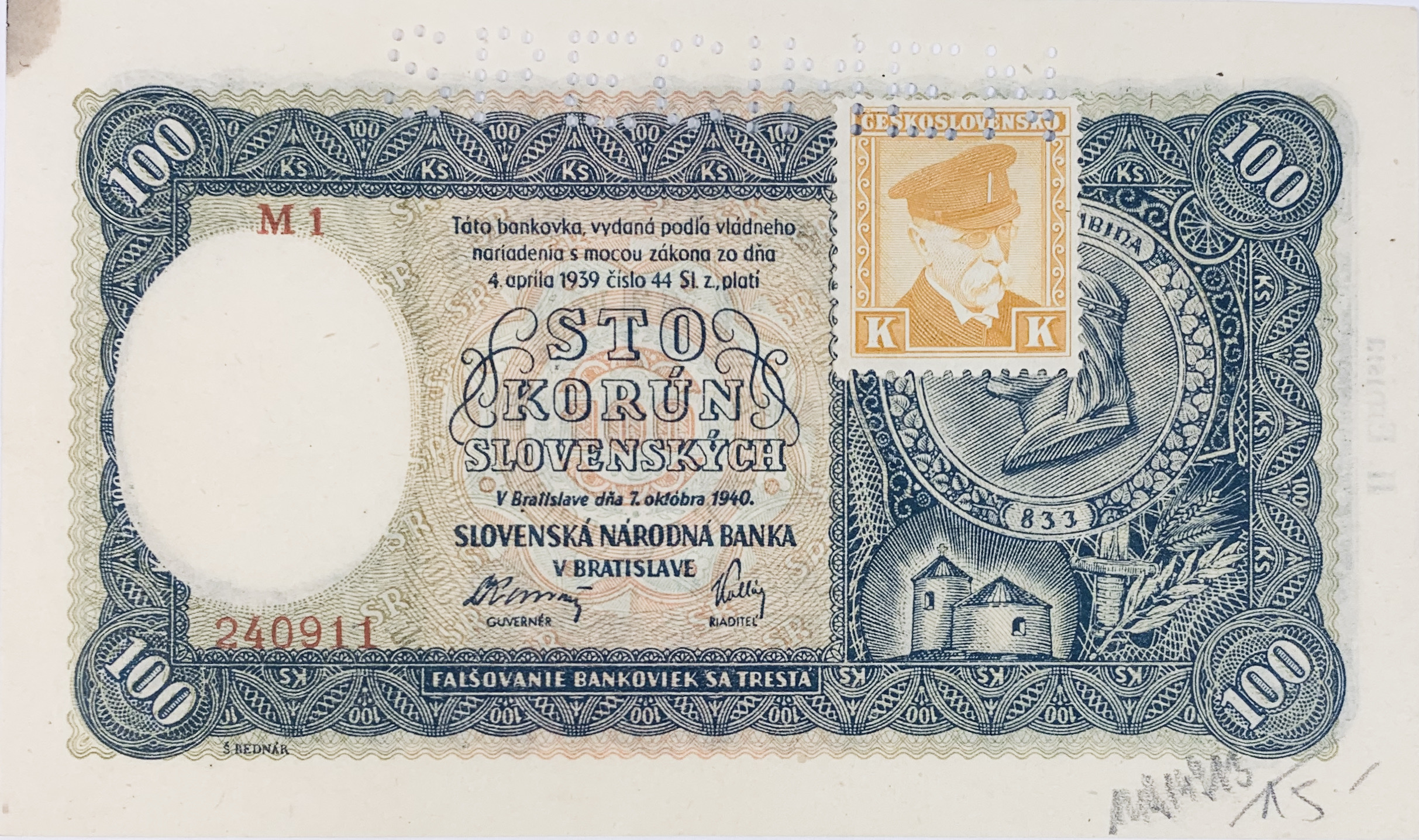 100 korun slovenských, 1940 - kolek