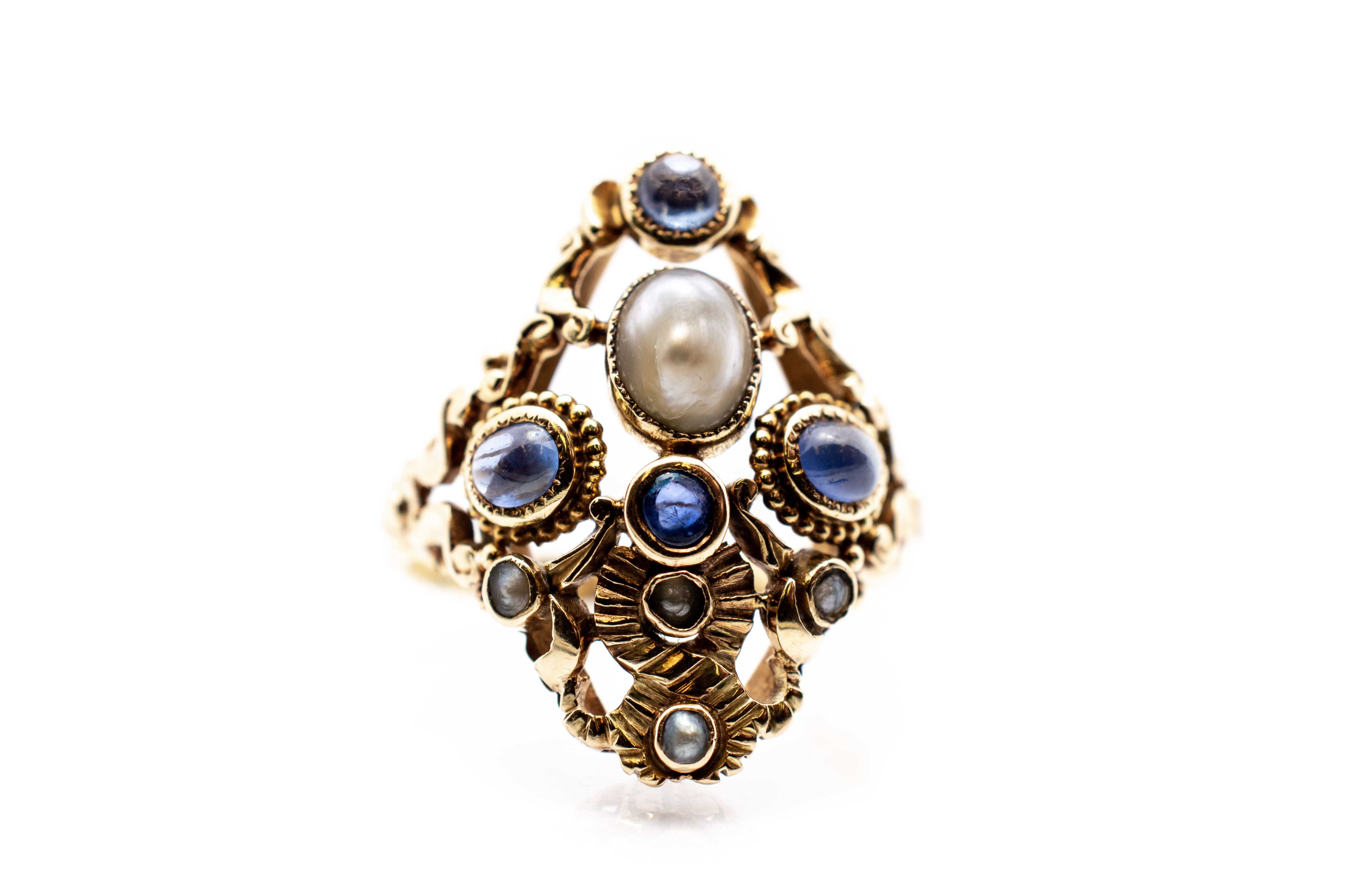 Starožitný zlatý prsten s perlami a safíry, 1. republika, vel. 55