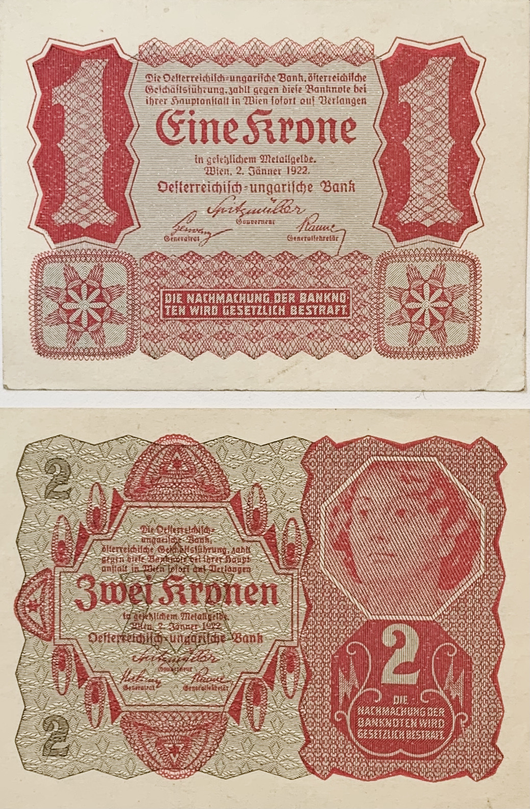 1 krone a 2 kronen, 1922