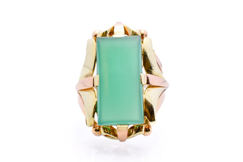 Zlatý prsten se zeleným kamenem - chryzopras, vel. 57
