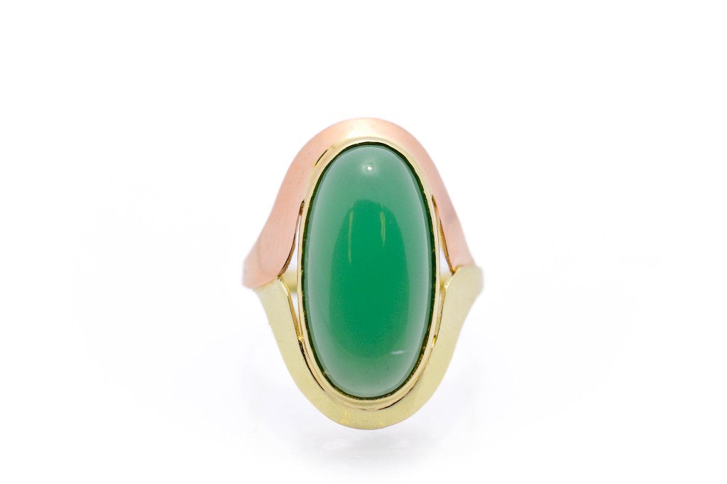 Zlatý prsten se zeleným kamenem - chryzopras, vel. 51