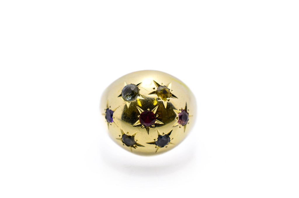 Starožitný zlatý prsten s barevnými kamínky - nebíčko, vel. 51