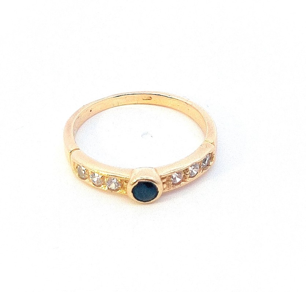 Zlatý prsten s modrým kamenem - safír a zirkony, vel. 53