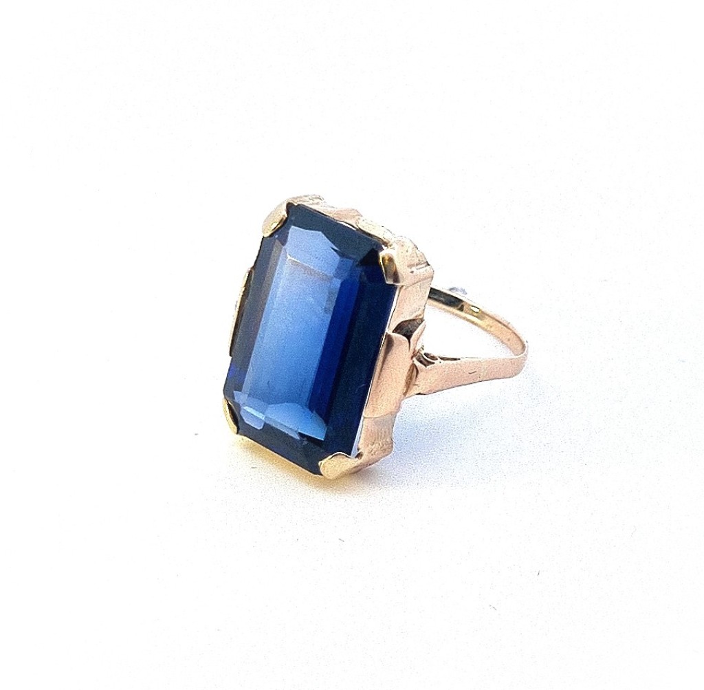 Starožitný zlatý prsten s modrým kamenem, vel. 52