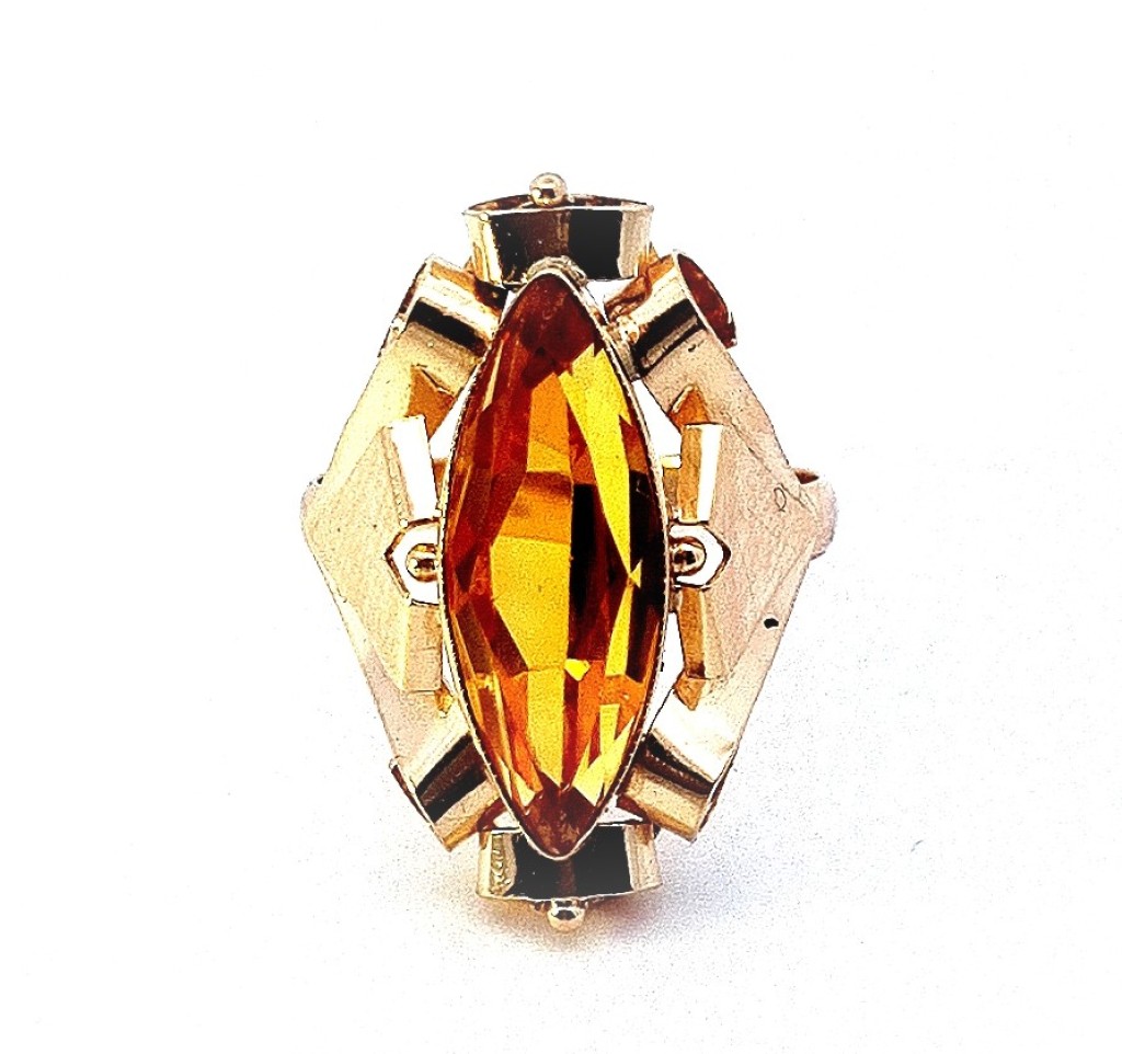 Starožitný zlatý prsten s oranžovým kamenem, vel. 58