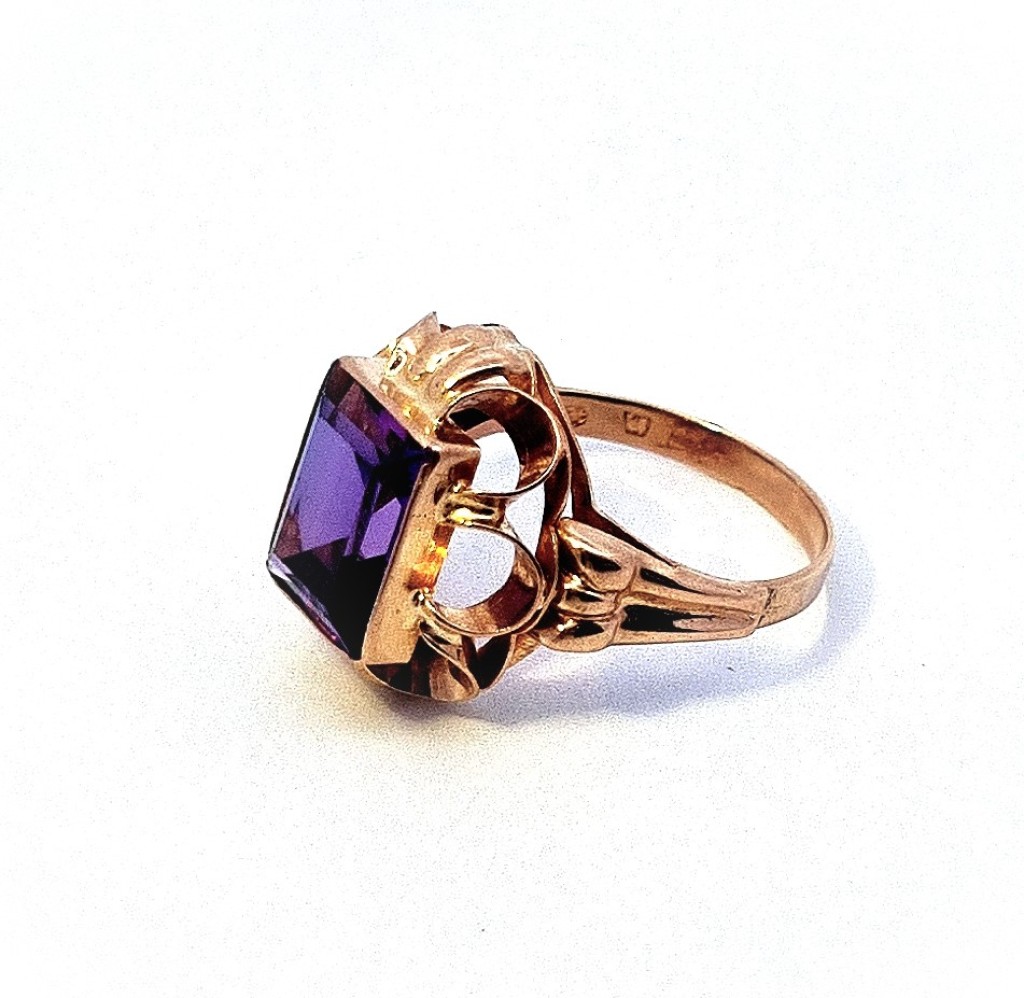 Starožitný zlatý prsten s fialovým kamenem - ametyst, vel. 55