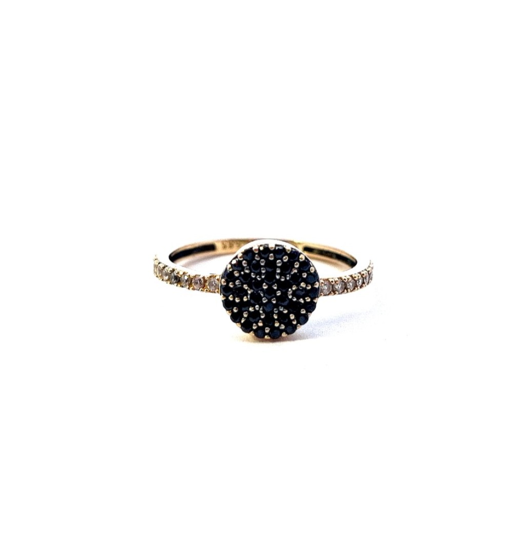 Zlatý prsten se zirkony a černými kamínky, vel. 53