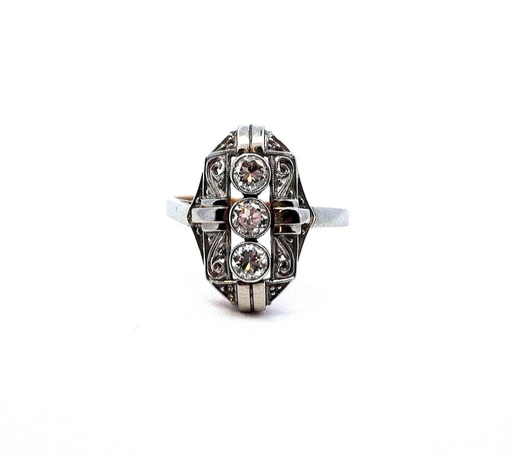 Starožitný zlatý prsten s diamanty, Art-Deco, vel. 55