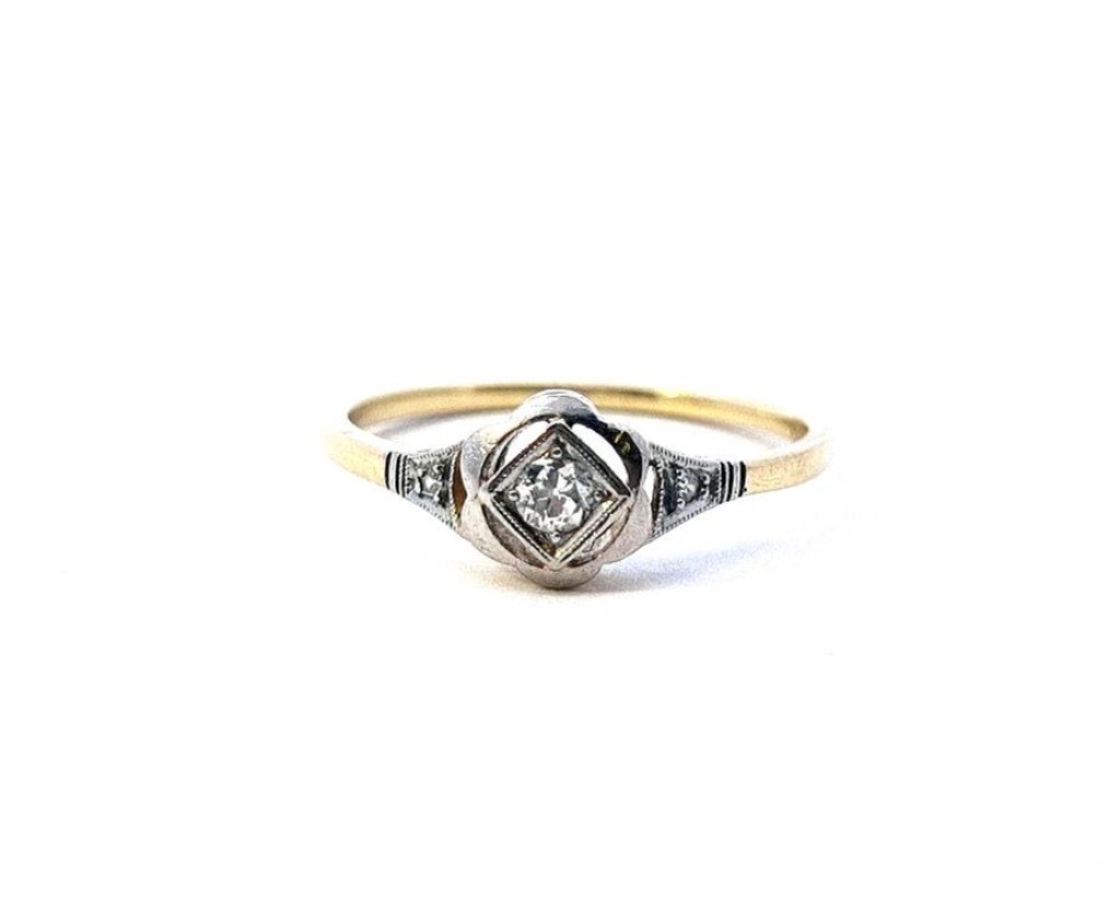 Starožitný zlatý prsten s diamantem, první republika, vel. 56