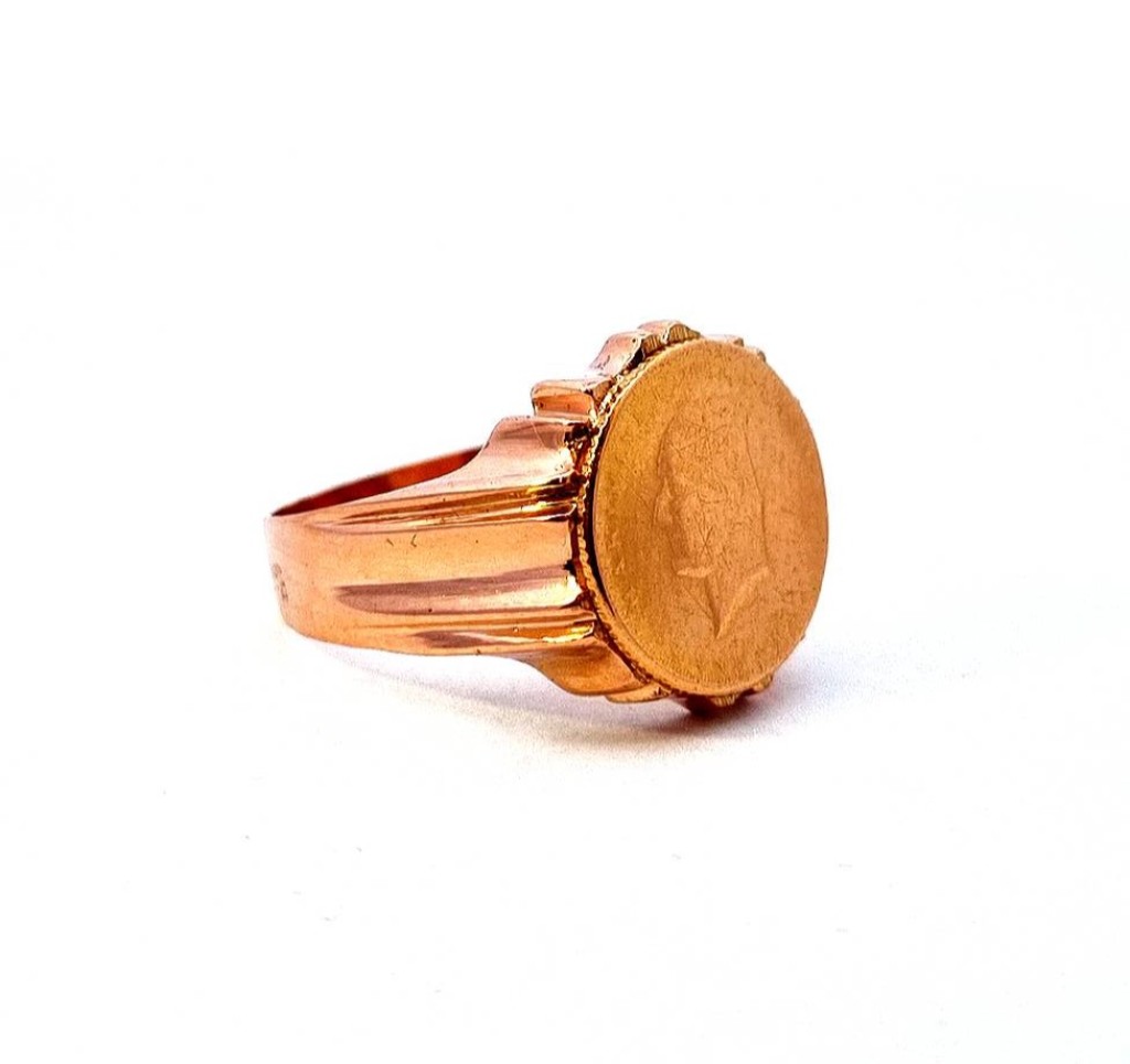 Pánský zlatý prsten s mincí, vel. 61