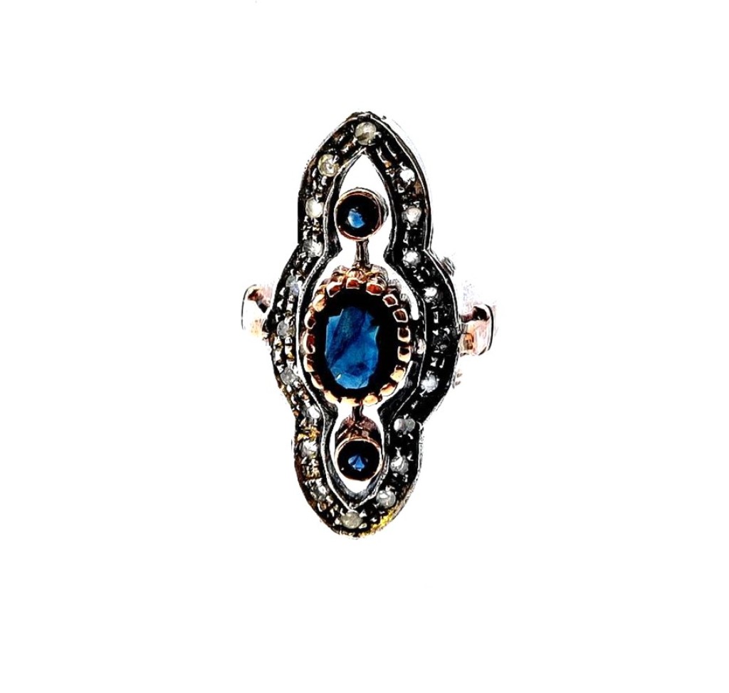 Starožitný zlatý prsten se safíry a diamanty, Art-Deco, vel. 56