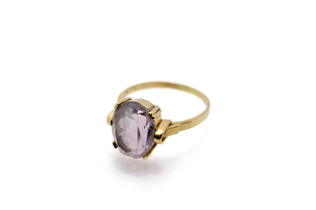 Starožitný zlatý prsten s fialovým kamenem, první republika, vel. 59