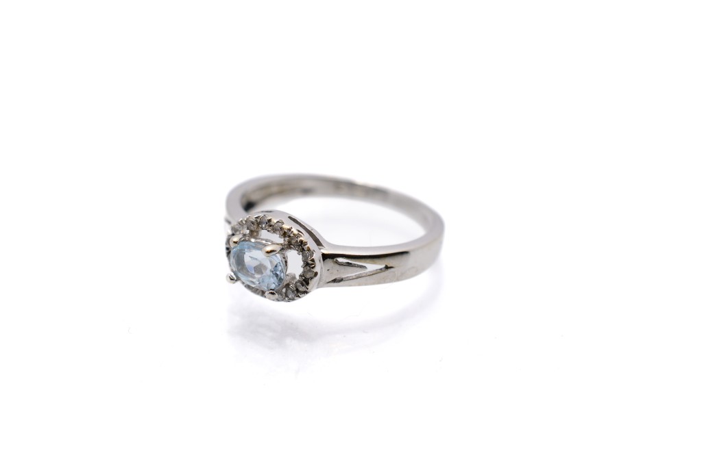 Zlatý prsten s akvamarínem a zirkony, vel. 55