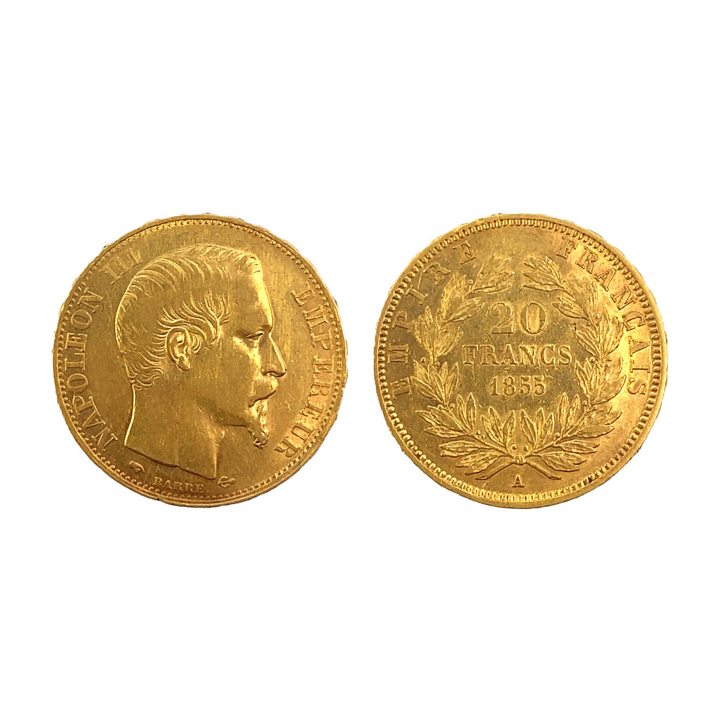 Zlatá mince 20 frank 1855 Napoleon III.