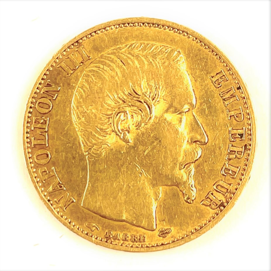 17. Zlatá mince 20 franků, Napoleon III. 1858