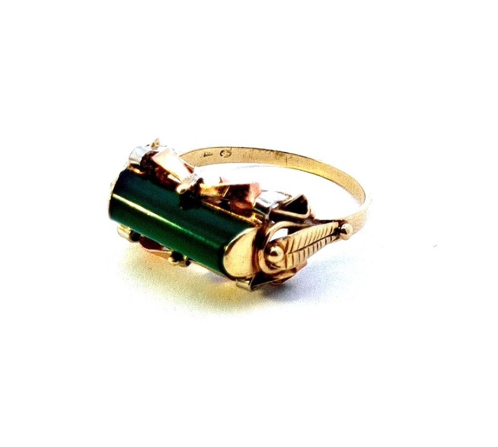 Starožitný zlatý prsten se zeleným kamenem, chryzopras, vel. 59