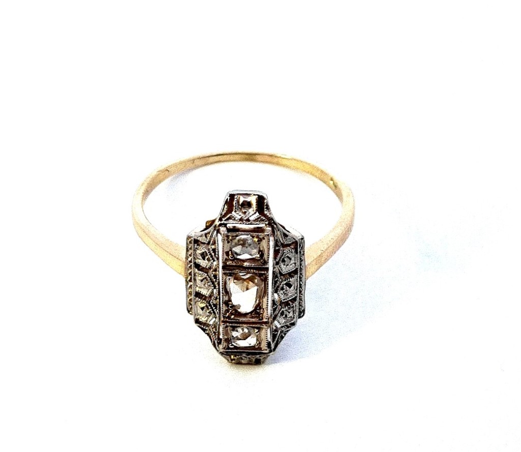 Starožitný zlatý prsten s diamanty, Art-deco, první republika, vel. 55