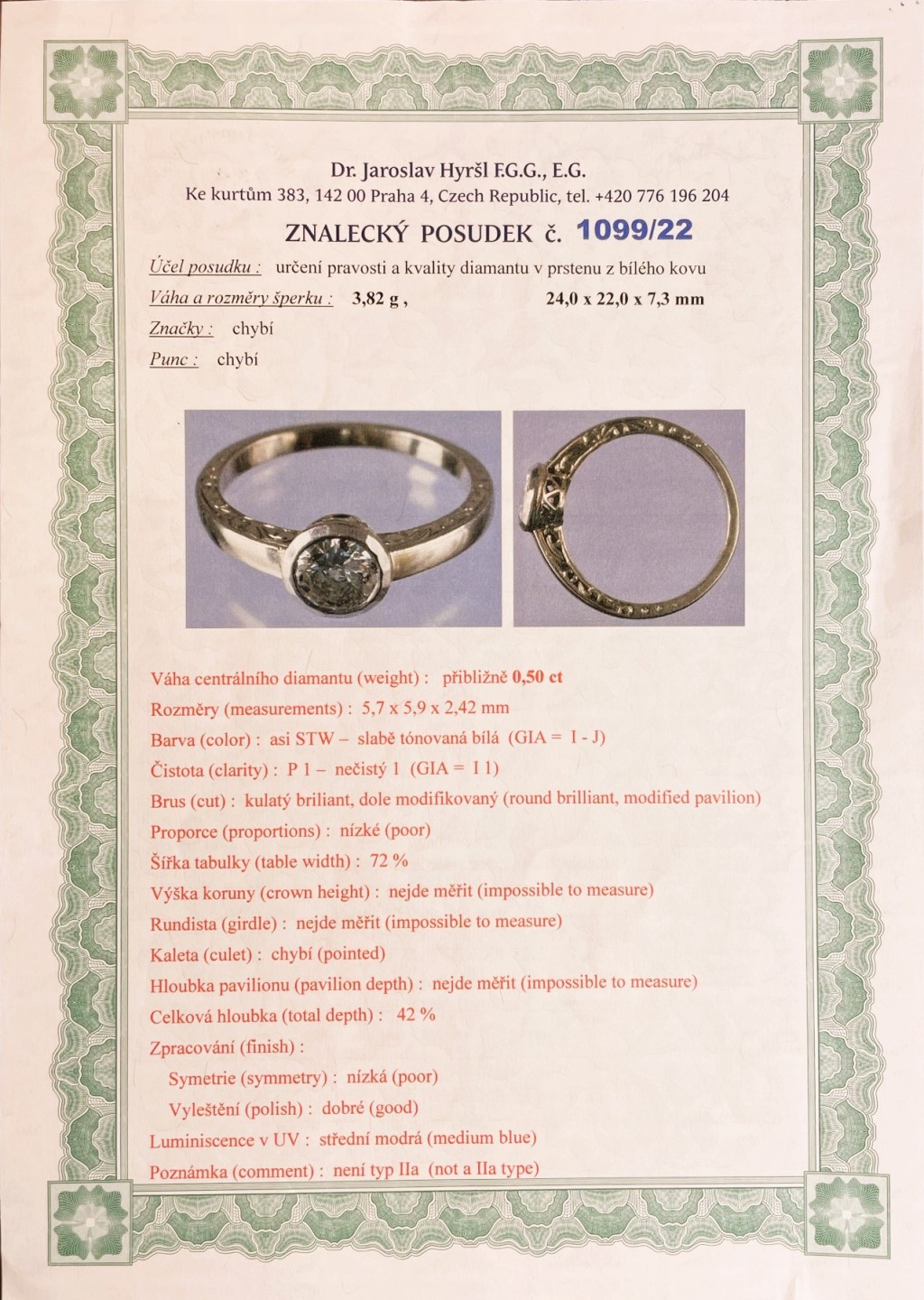 Art deco prsten z bílého zlata s diamantem -  solitér, vel. 57