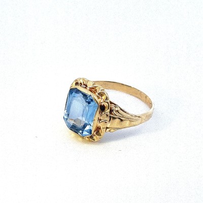 Starožitný zlatý prsten s modrým kamenem - topaz, vel. 58