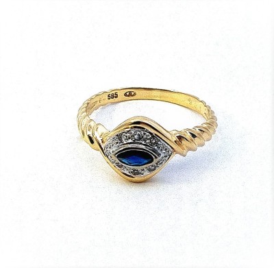 Starožitný zlatý prsten se safírem a diamanty, vel. 56
