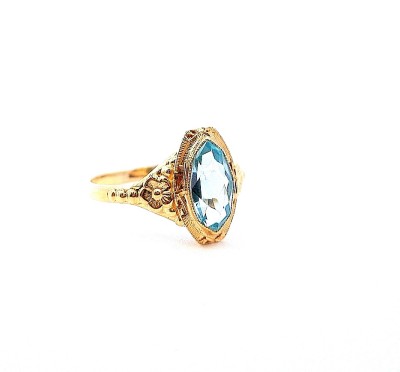 Starožitný zlatý prsten s modrým kamenem - topaz, vel. 55
