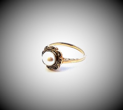 Starožitný zlatý prsten s perlou a diamanty, vel. 54