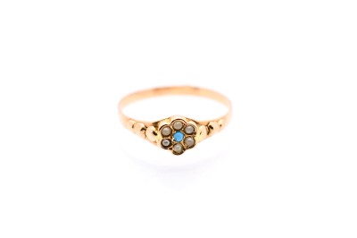 Starožitný zlatý prsten s tyrkysem a perličkami, vel. 48