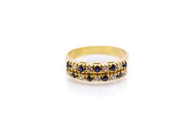 Zlatý prsten s modrými kamínky a zirkony, vel. 56