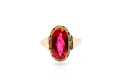 Starožitný zlatý prsten s červeným kamenem - rubín,  vel. 64