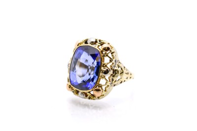 Starožitný zlatý prsten s modrým kamenem - safír, vel. 52