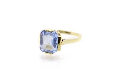 Starožitný zlatý prsten s modrým kamenem - topaz, vel. 57
