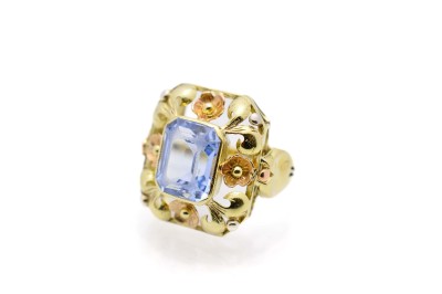 Starožitný zlatý prsten s modrým kamenem - topaz, vel. 52