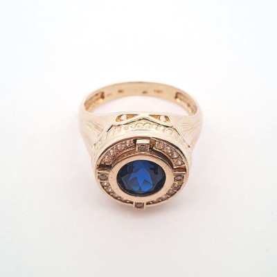 Pánský zlatý prsten s modrým kamenem a zirkony, vel. 63