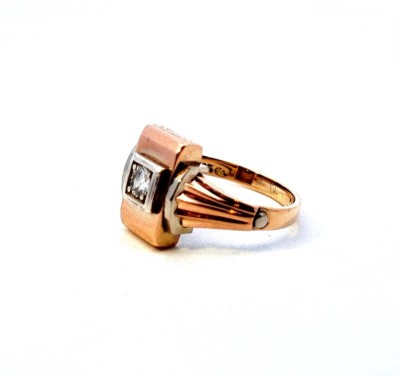 Starožitný zlatý prsten s diamantem, první republika, vel. 53
