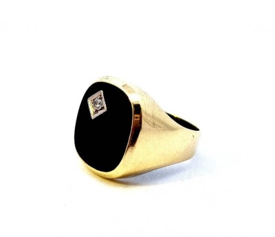 Pánský zlatý prsten s onyxem a diamantem, vel. 64