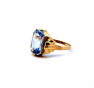 Starožitný zlatý prsten s akvamarínem, první republika, vel. 57