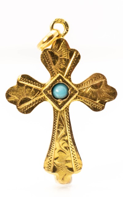 Starožitný zlatý kříž s tyrkysem