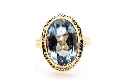 Starožitný zlatý prsten s modrým kamenem - akvamarín, 1. republika, vel. 57